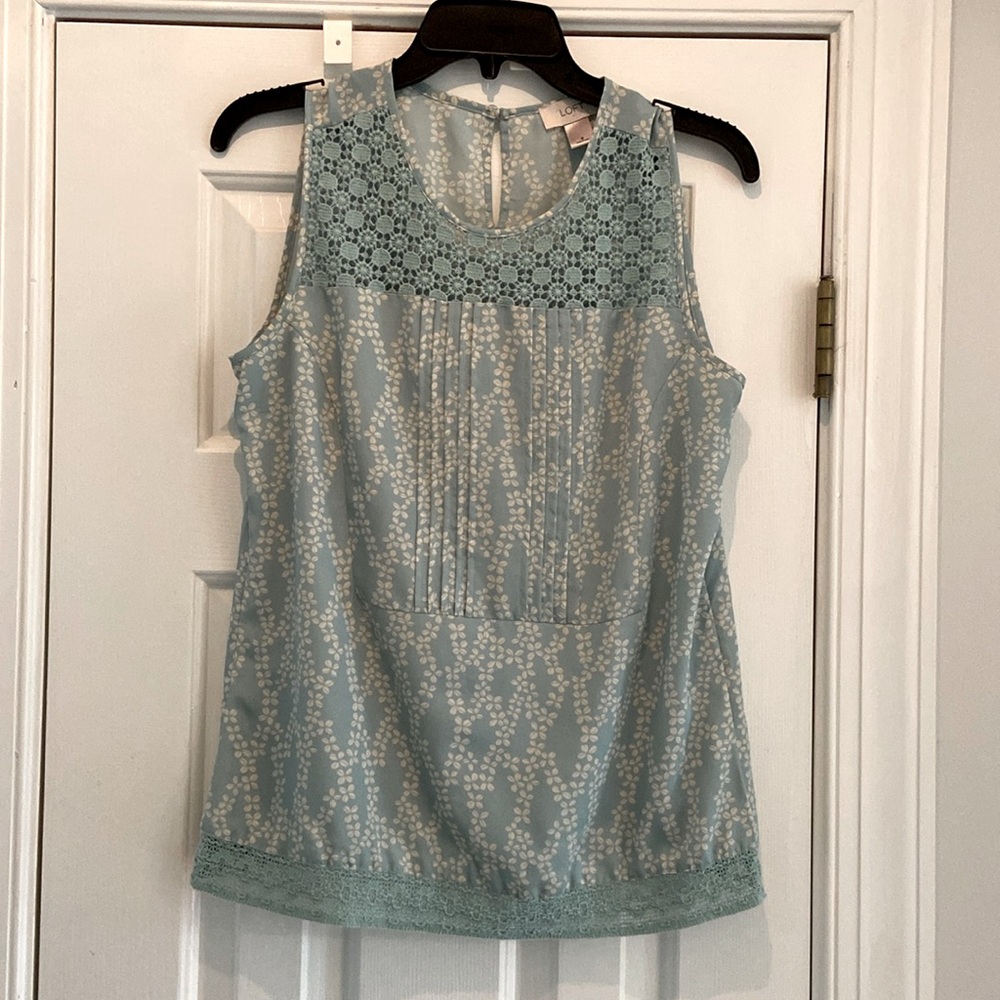 Loft sleeveless blouse, S, blue/green with white floral design